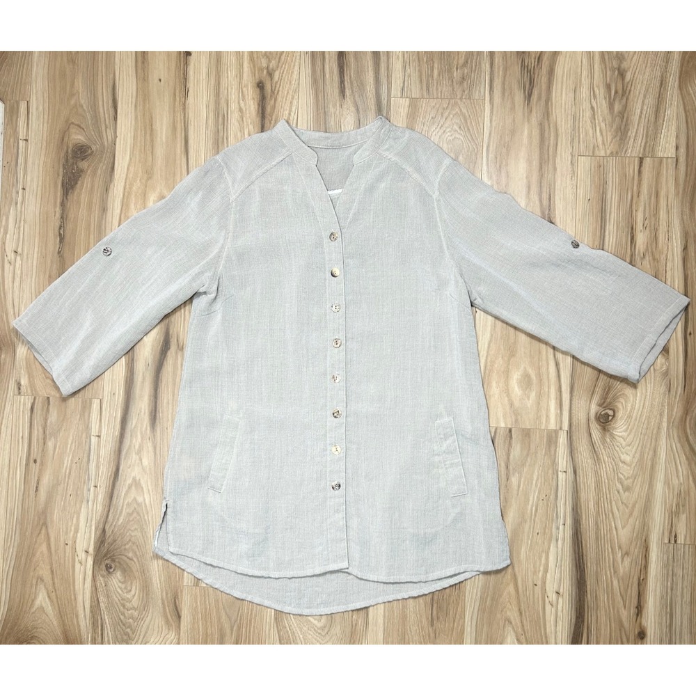 Fridaze Linen Tunic Top Women S Beige Roll Tab Sleeve Button Front Lagenlook